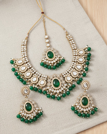 Green Kavisha Premium Polki Dupe Necklace Set with Earring and Teeka