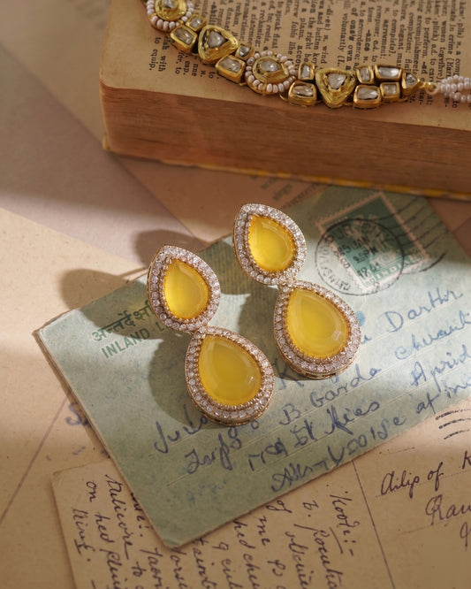 Yellow Ishmrita Premium Designer Zircone Polki Dupe Earring