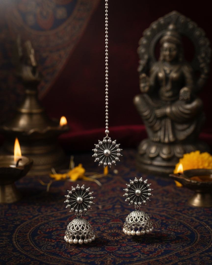 Silver Rudvik Oxidised Mang Tikka & Jhumka Set