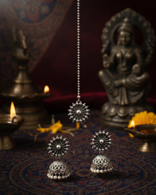 Silver Rudvik Oxidised Mang Tikka & Jhumka Set