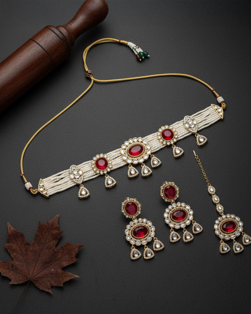 Red Suhen Premium Polki Dupe Choker Necklace With Earring & Teeka