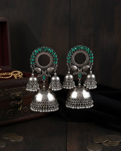 Green Aroosa Silver Oxidised Jhumka Earrings
