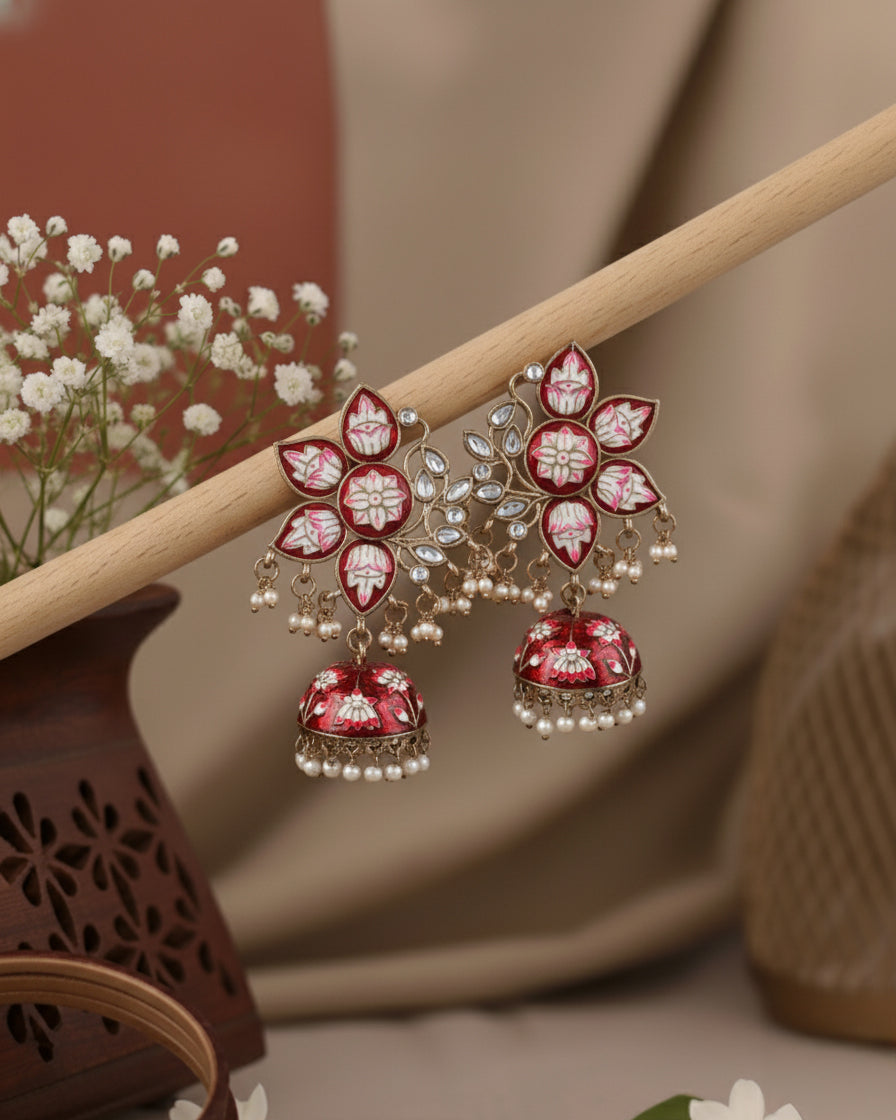 Red Mrinalini Lotus Meenakari Jhumki