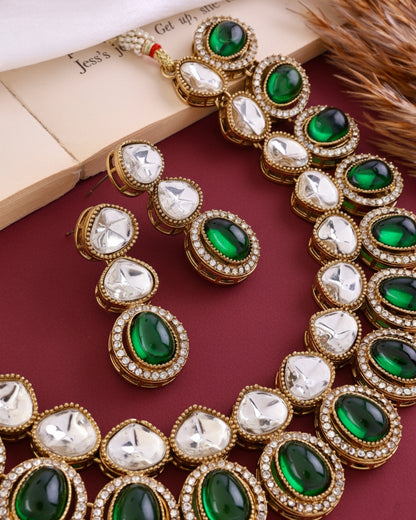 Emerald Arshiya Premium Polki Dupe Necklace with Earring and Teeka