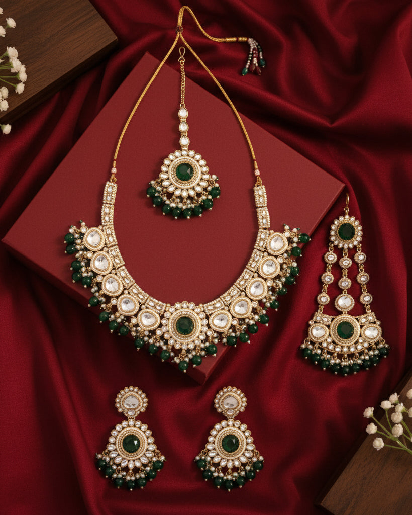 Green Laviza Premium Polki Dupe Necklace Earring with Teeka and Side Jhumar/Passa