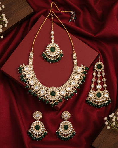 Green Laviza Premium Polki Dupe Necklace Earring with Teeka and Side Jhumar/Passa