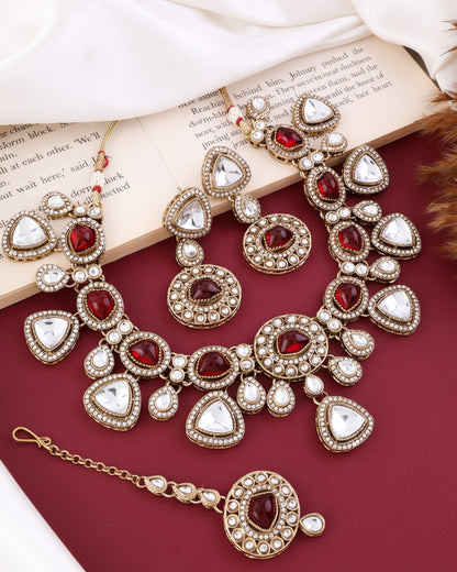 Red Kavita Premium Polki Dupe Necklace with Earring and Teeka
