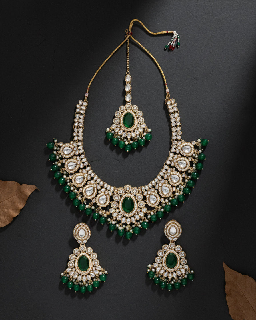 Green Kavisha Premium Polki Dupe Necklace Set with Earring and Teeka