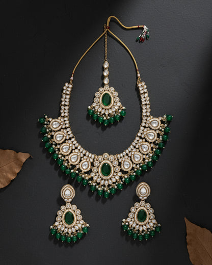 Green Kavisha Premium Polki Dupe Necklace Set with Earring and Teeka