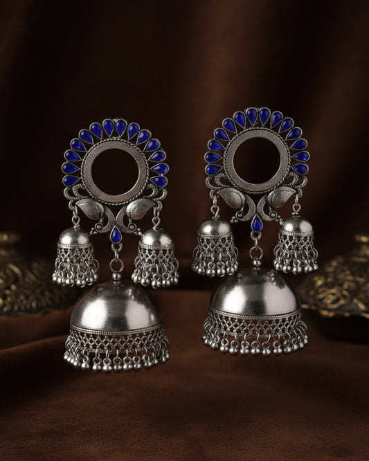 Blue Aroosa Silver Oxidised Jhumka Earrings