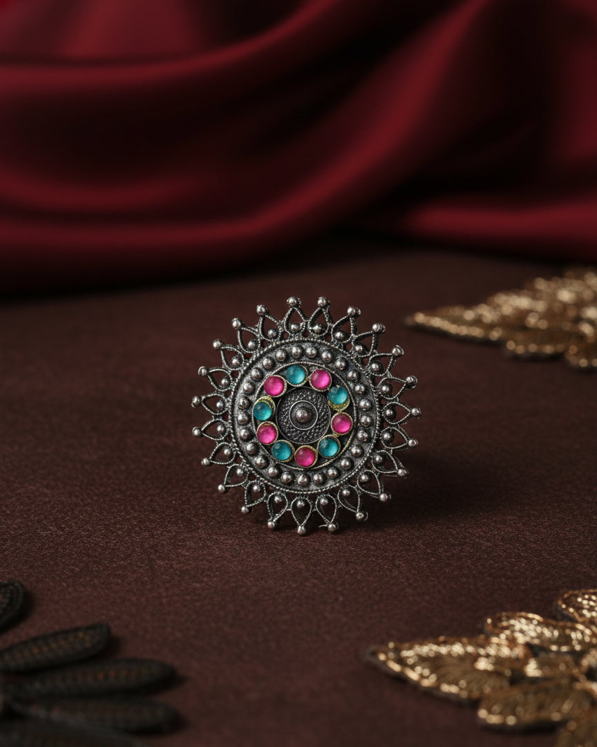 Multi Romi Oxidised Stone Ring