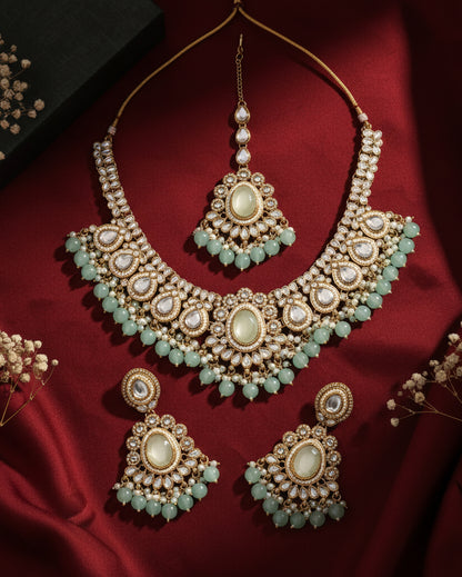 Mint Kavisha Premium Polki Dupe Necklace Set with Earring and Teeka