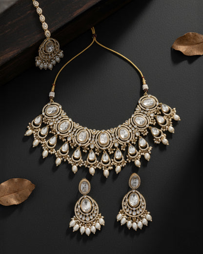 Pearl Naadiya Premium Polki Dupe Necklace with Earring and Teeka