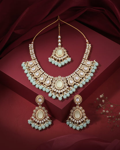 Turquoise Kavisha Premium Polki Dupe Necklace Set with Earring and Teeka
