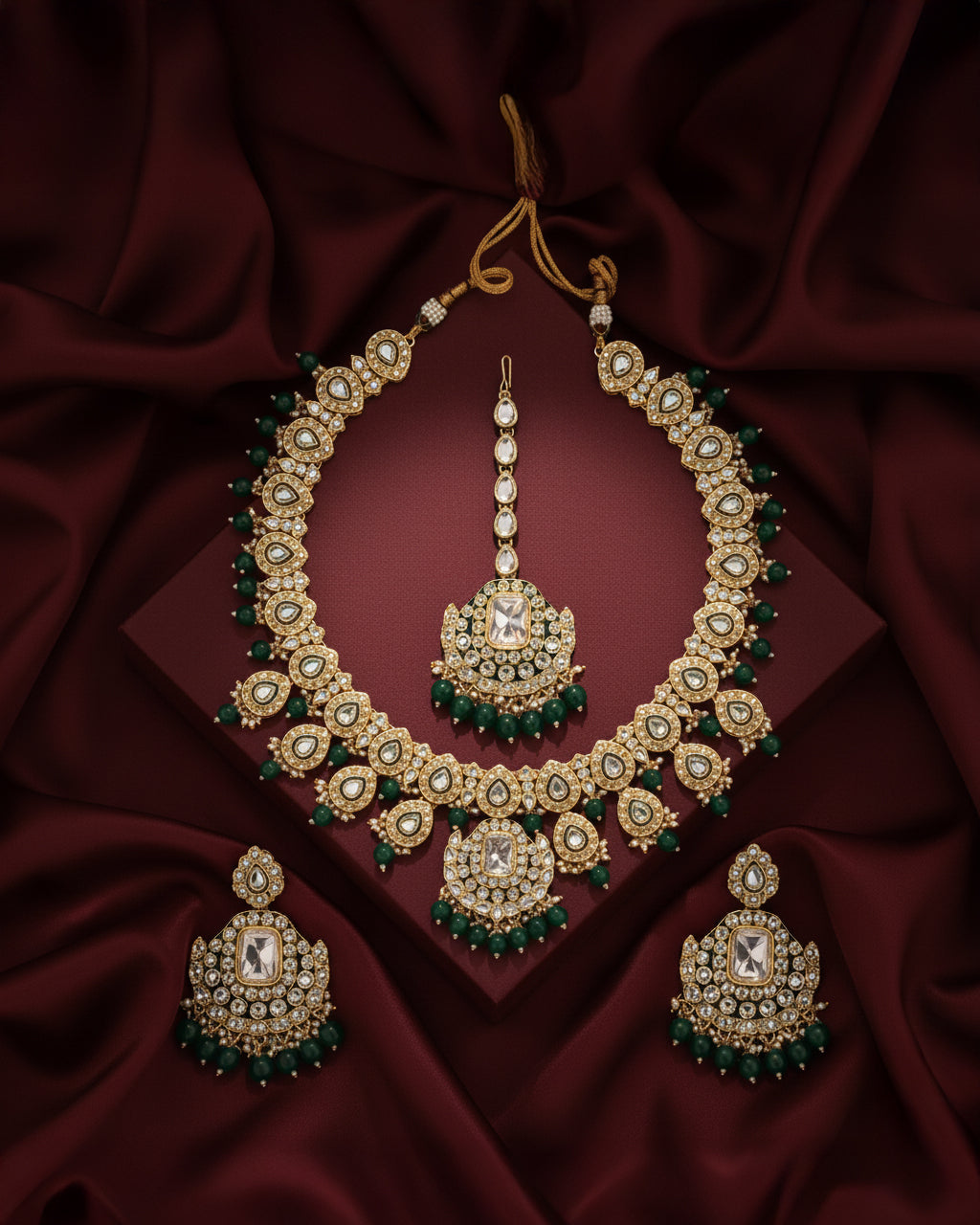 Green Noorika Heritage Kundan Necklace Set With Earring & Maangteeka