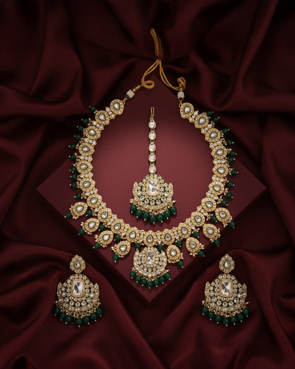 Green Noorika Heritage Kundan Necklace Set With Earring & Maangteeka