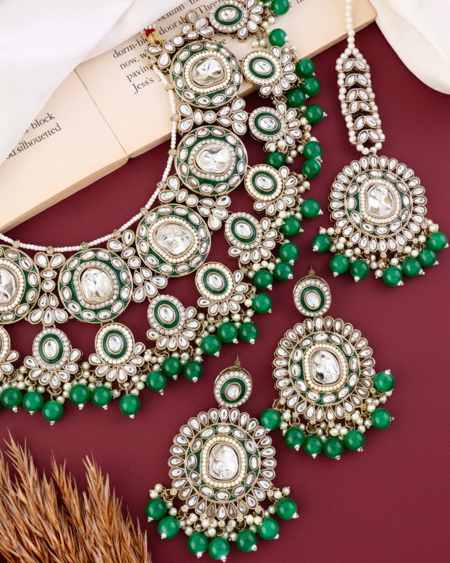 Green Vyanika Necklace Earring with Teeka