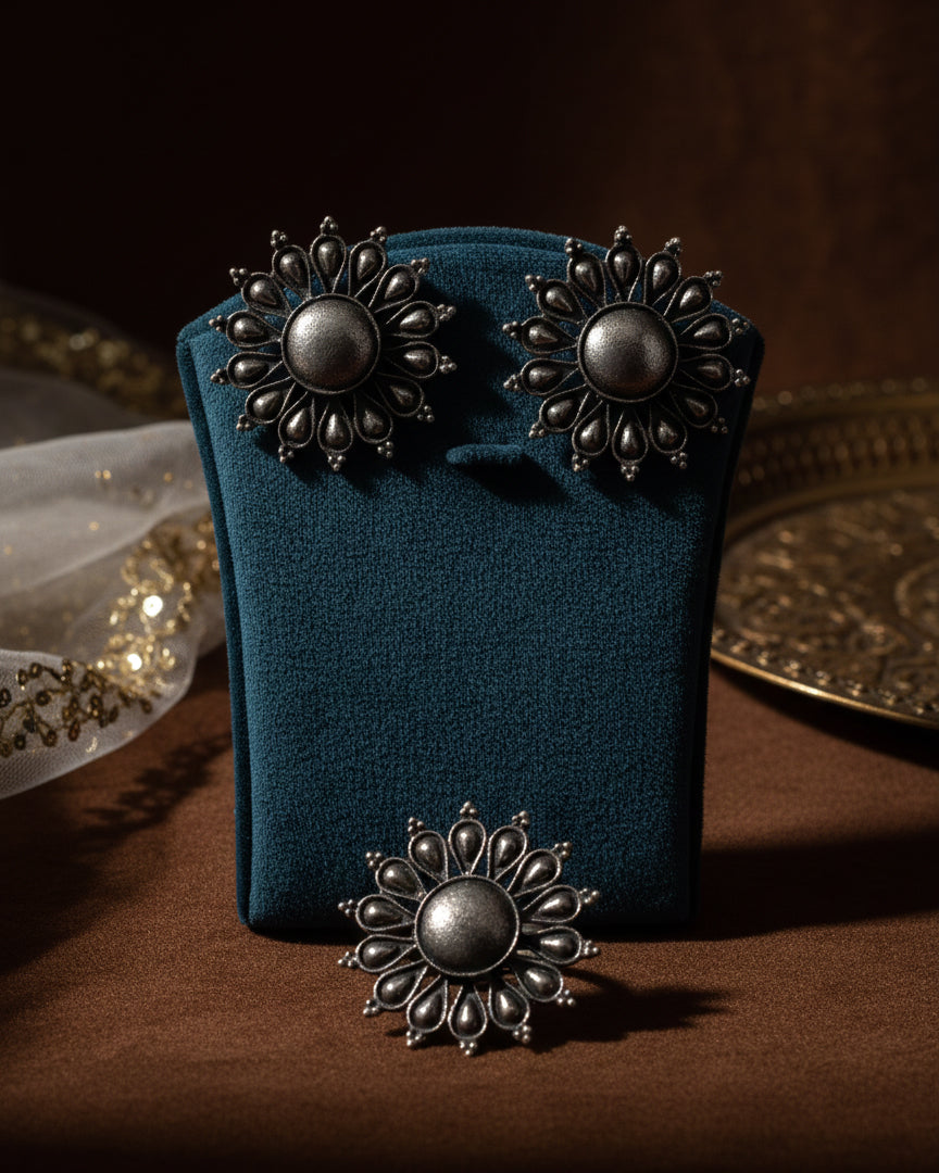 Black Polish Aiza Oxidised Earring & Ring Set