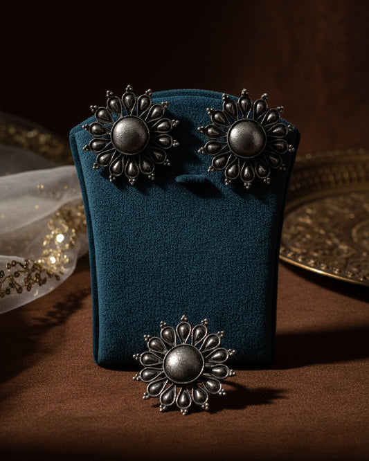 Black Polish Aiza Oxidised Earring & Ring Set