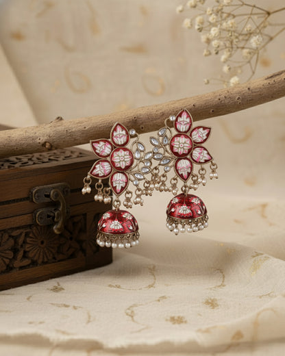 Red Mrinalini Lotus Meenakari Jhumki