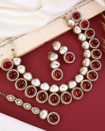 Ruby Arshiya Premium Polki Dupe Necklace with Earring and Teeka