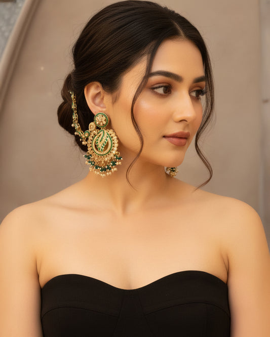 Green Arajashree Bahubali Chandbali with Sahara