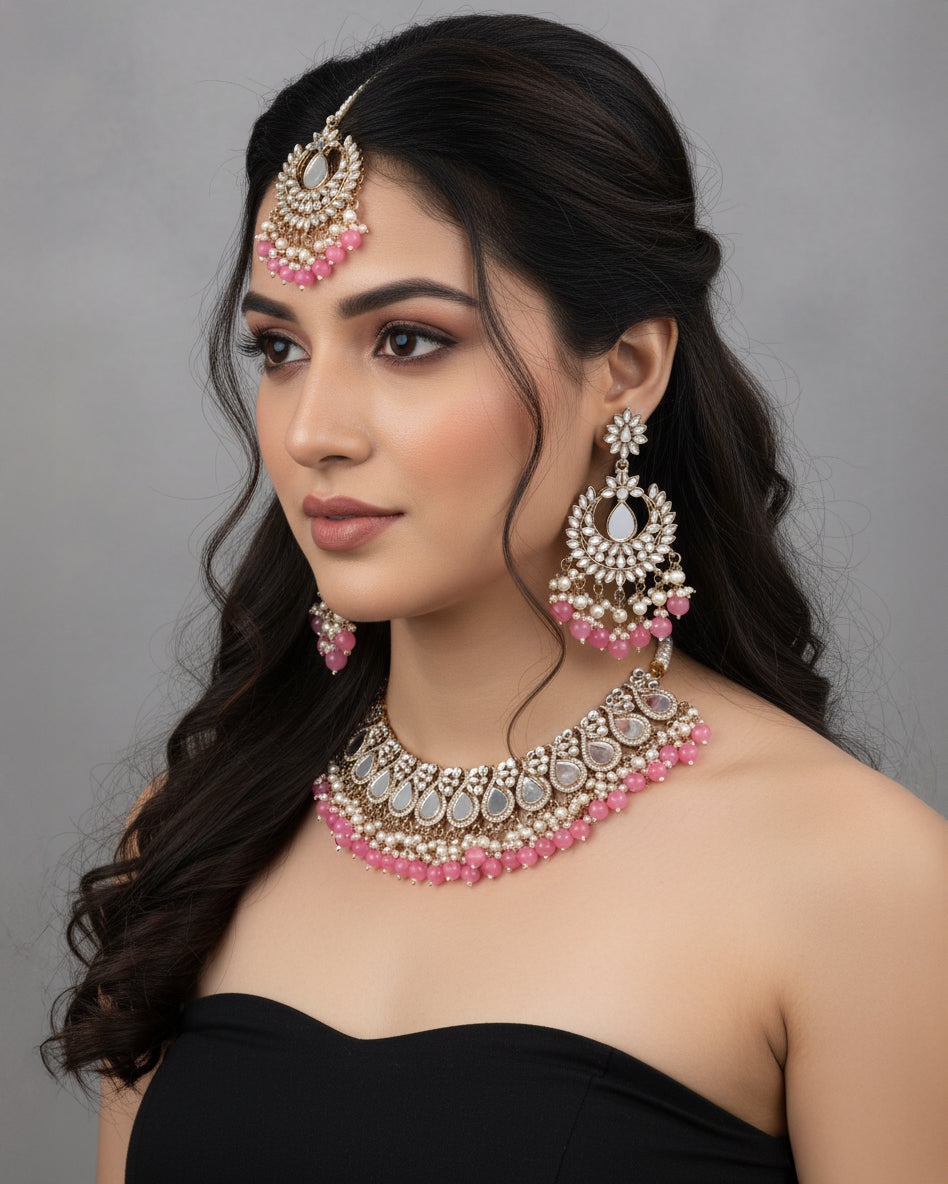 Blush Sehnaz Mirror Necklace Earring & Maangteeka