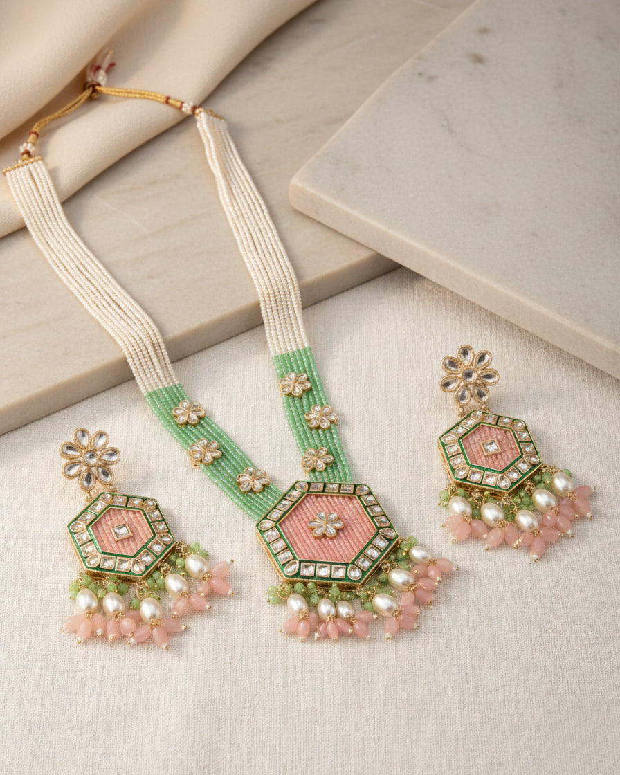 Blush Mint Neelika Long Necklace Set with Earring