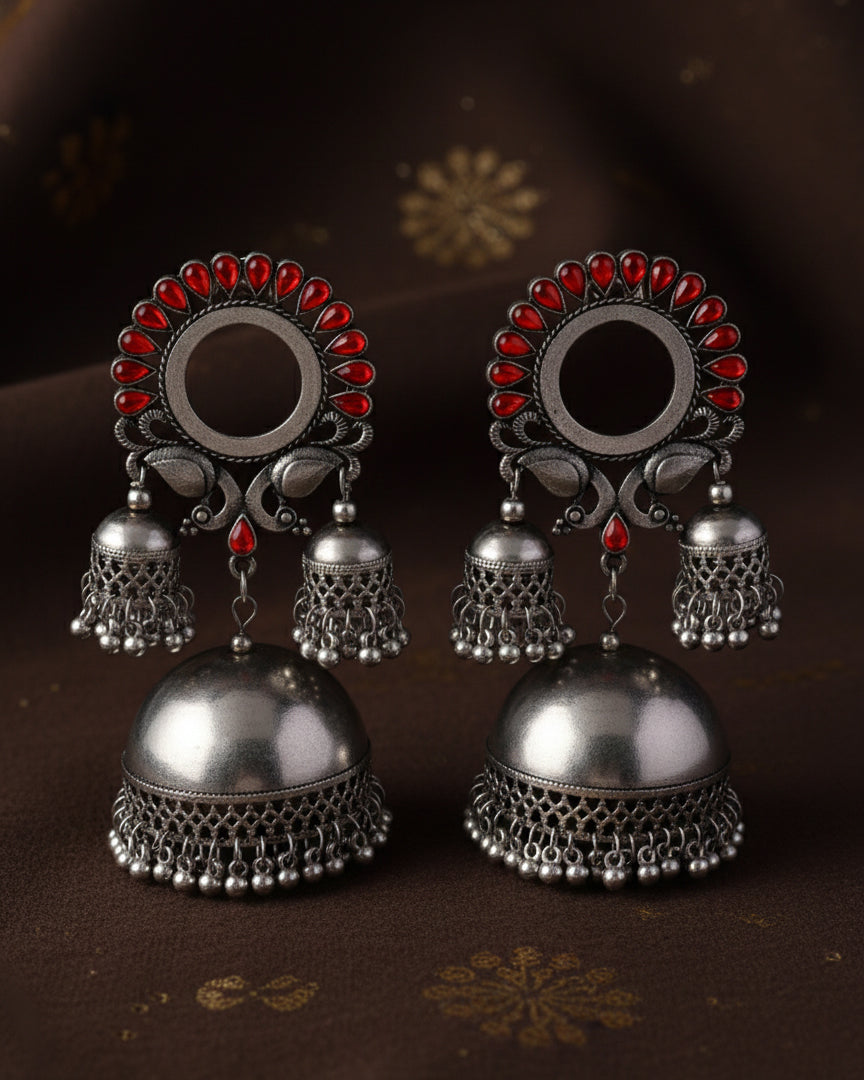 Red Aroosa Silver Oxidised Jhumka Earrings