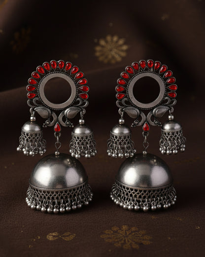 Red Aroosa Silver Oxidised Jhumka Earrings