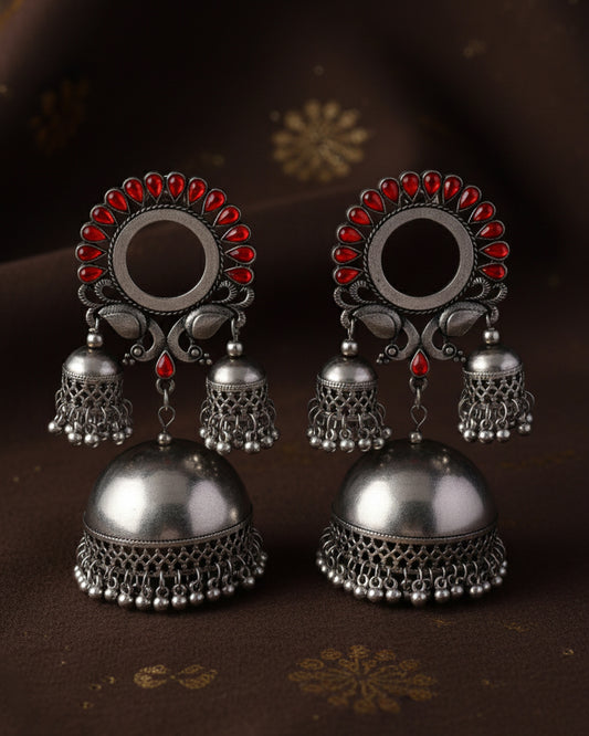 Red Aroosa Silver Oxidised Jhumka Earrings
