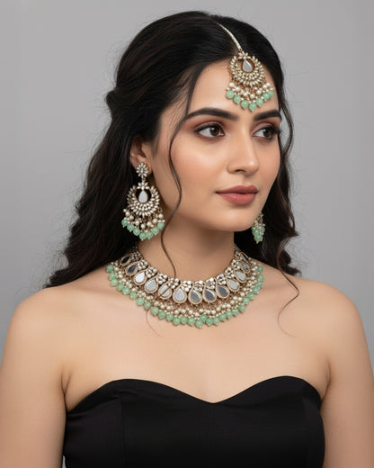 Mint Sehnaz Mirror Necklace Earring & Maangteeka