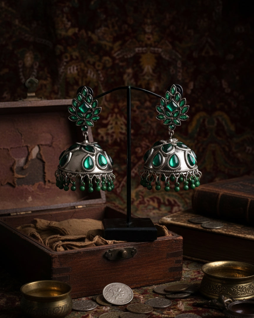 Green Hritika Oxidised Jhumka Earrings