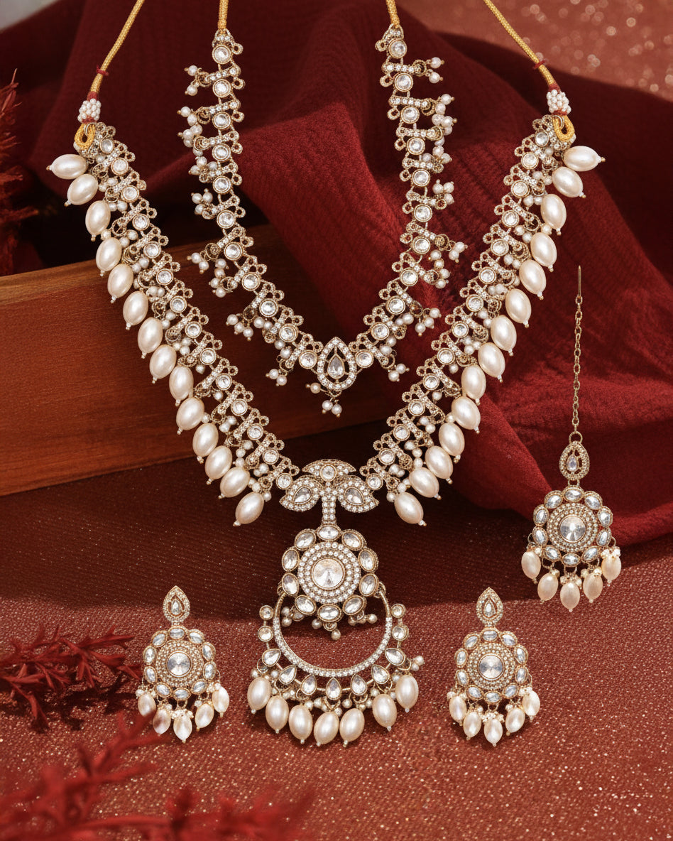 Pearl Aanvir Layer Necklace With Earring & Teeka