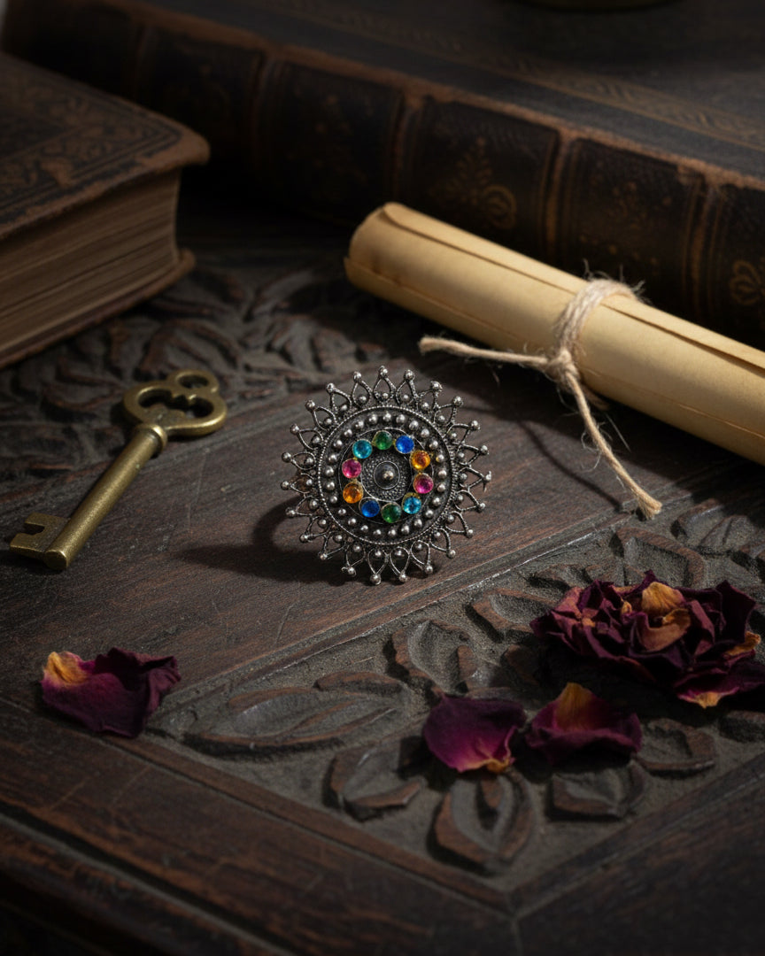 Multi Romi Oxidised Stone Ring