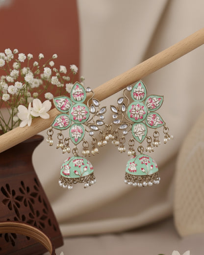 Mint Green Mrinalini Lotus Meenakari Jhumki