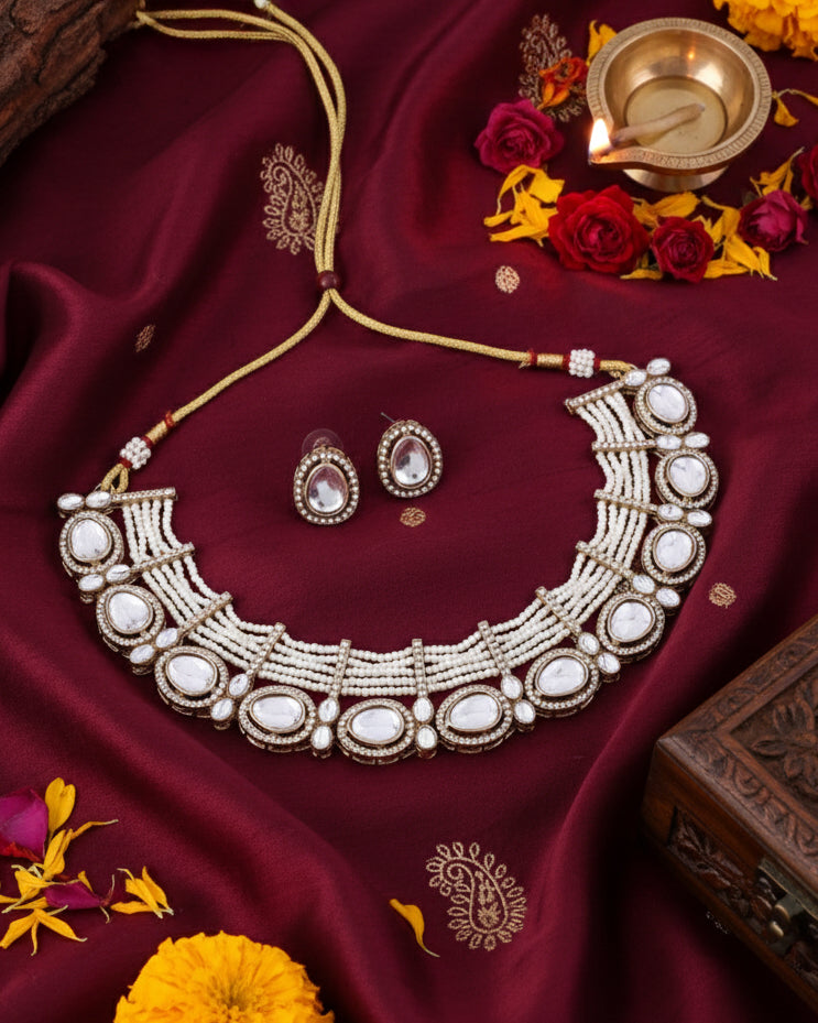 Pearl Darvesh Zircone Polki Dupe Pearl Necklace with Earring