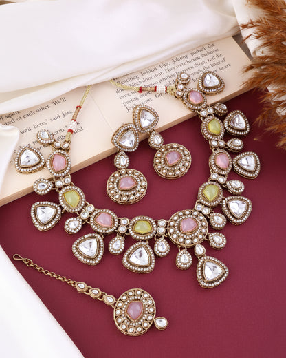 Pastel Kavita Premium Polki Dupe Necklace with Earring and Teeka