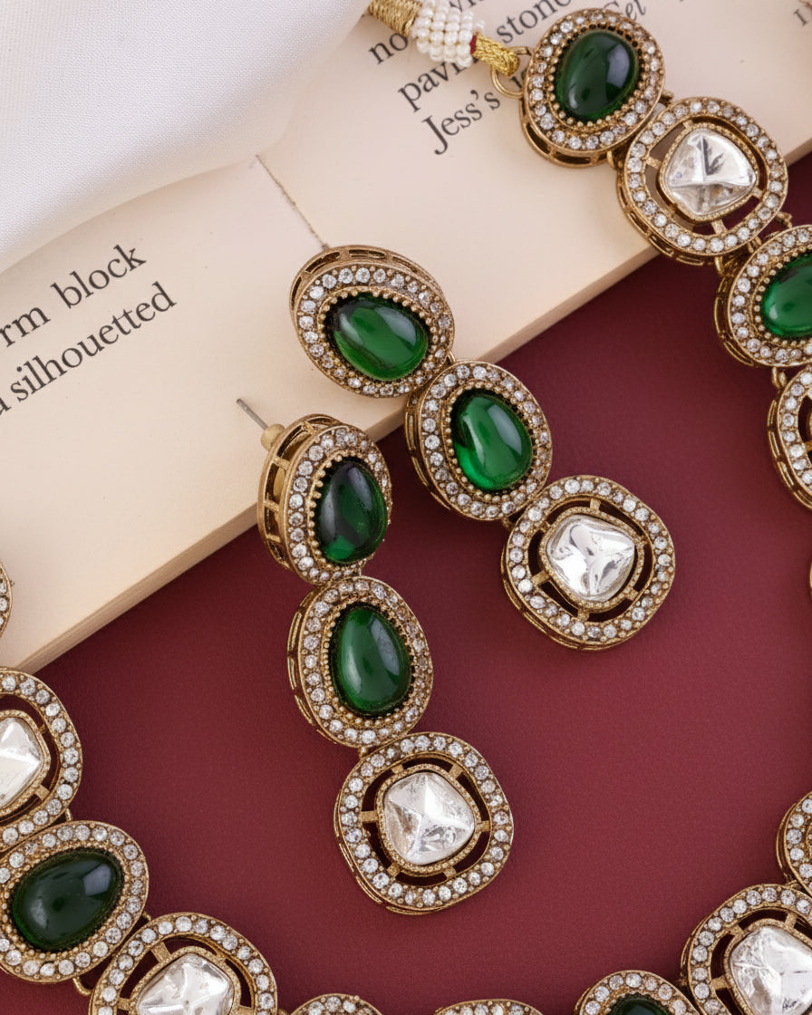 Emerald Rishita Premium Polki Dupe Necklace with Earring and Teeka