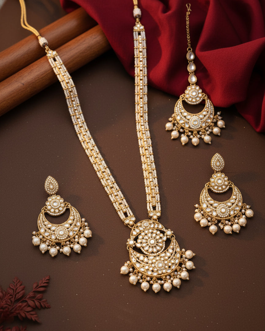 Pearl Travini Premium Long Necklace With Earring & Teeka