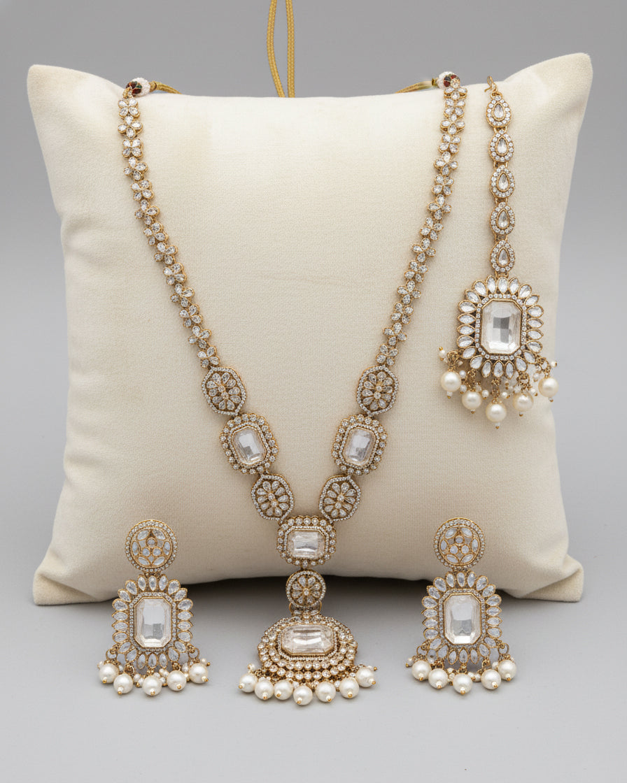 Pearl Naavir Premium Polki Dupe Long Necklace with Earring and Teeka
