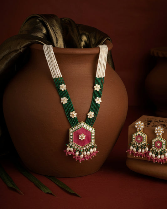 Pink Green Neelika Long Necklace Set with Earring