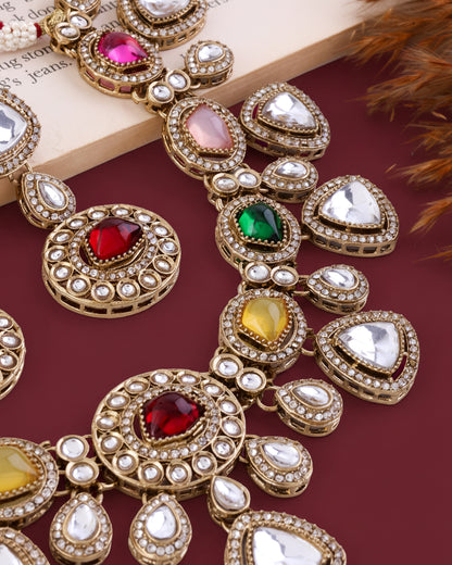 Multi Kavita Premium Polki Dupe Necklace with Earring and Teeka
