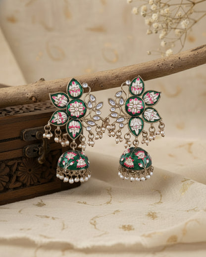 Green Mrinalini Lotus Meenakari Jhumki