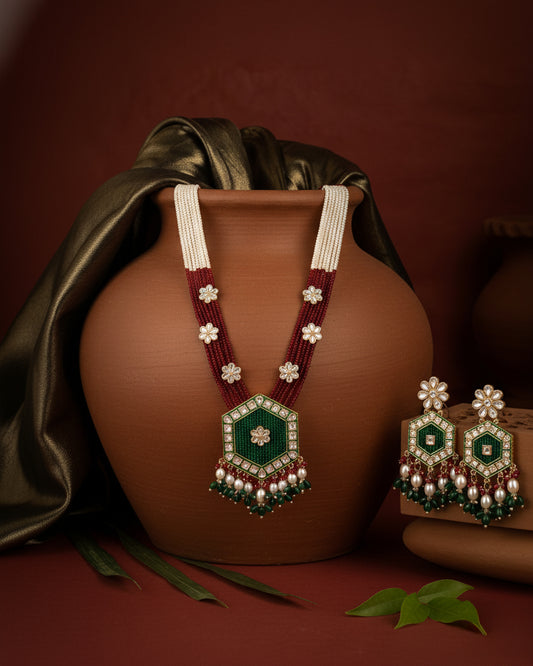 Green Maroon Neelika Long Necklace Set with Earring
