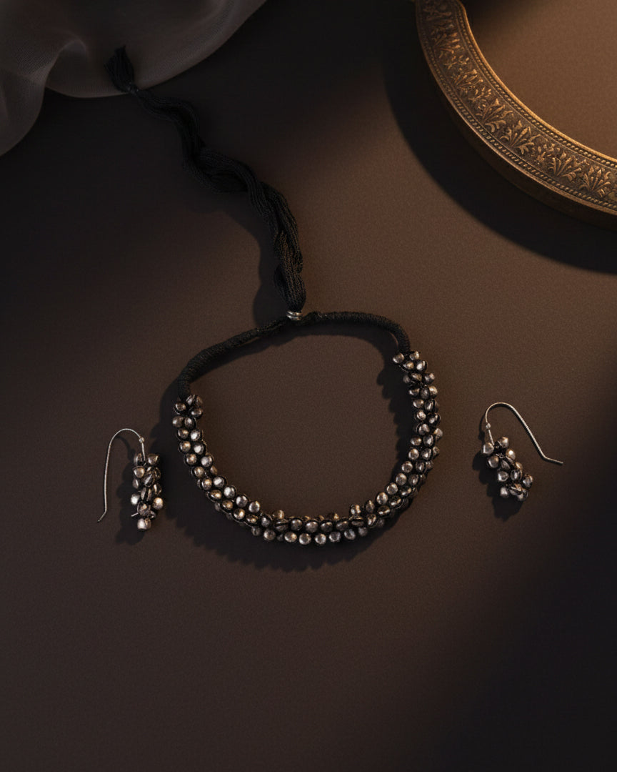 Silver Daaira Oxidised Necklace Set With Earrings