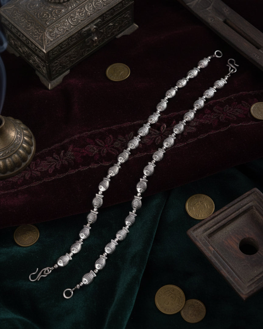 Silver Saransh Oxidised Anklet - 2 Pair