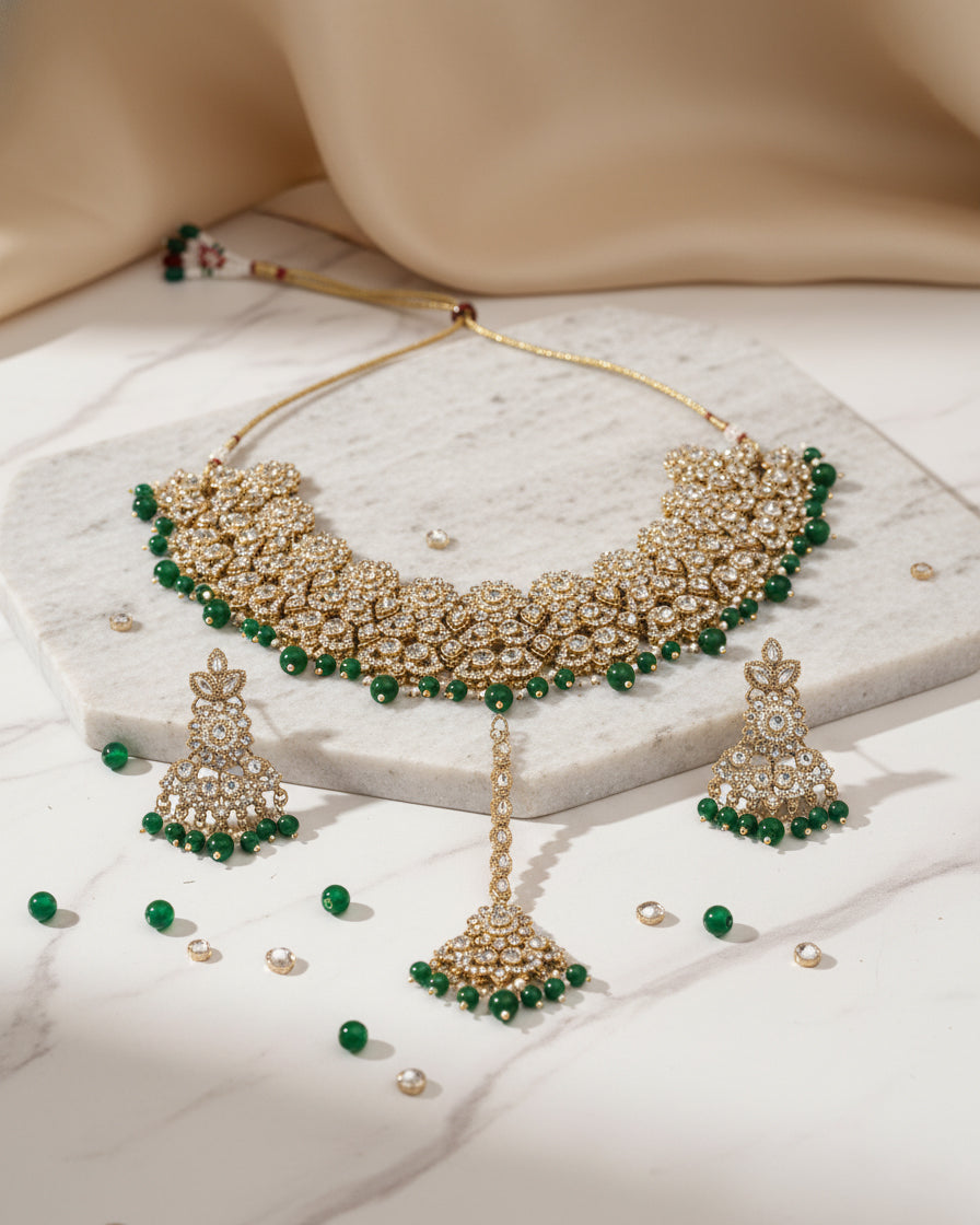 Green Mahvika Premium Necklace with Earring and Teeka