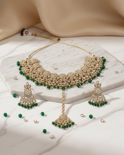 Green Mahvika Premium Necklace with Earring and Teeka