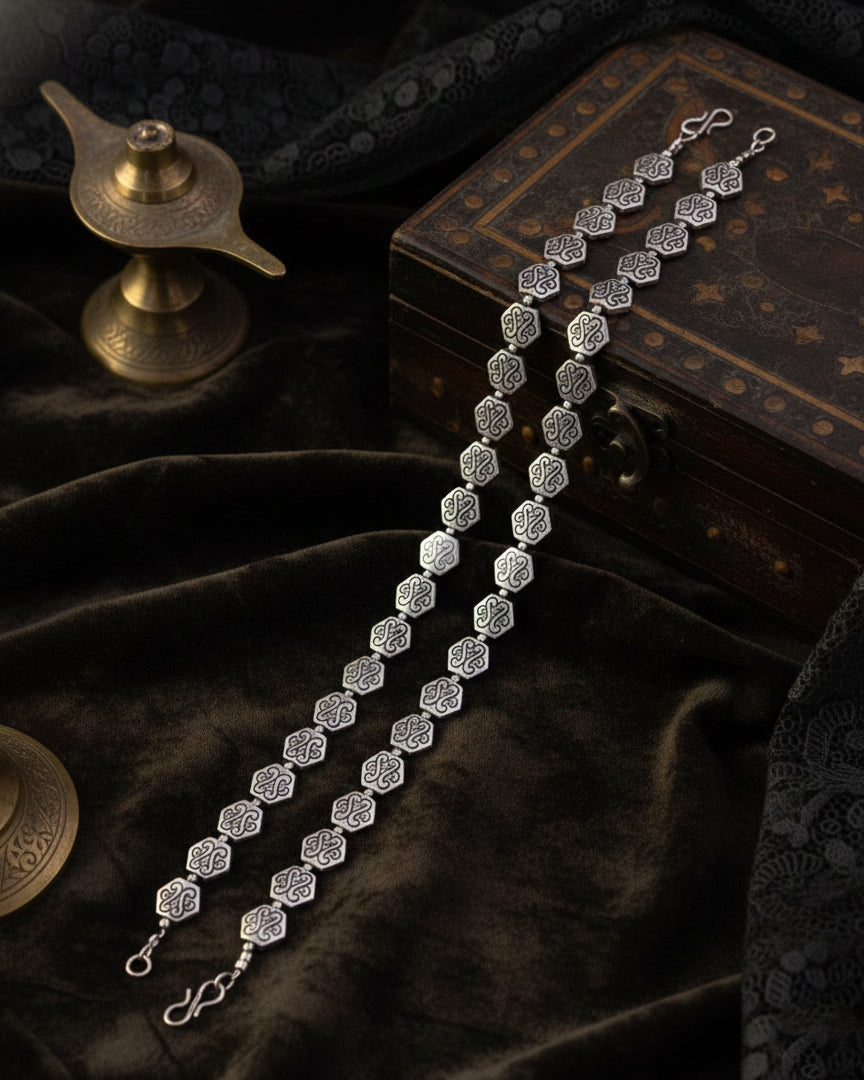 Silver Shaan Oxidised Anklet - 2 Pair